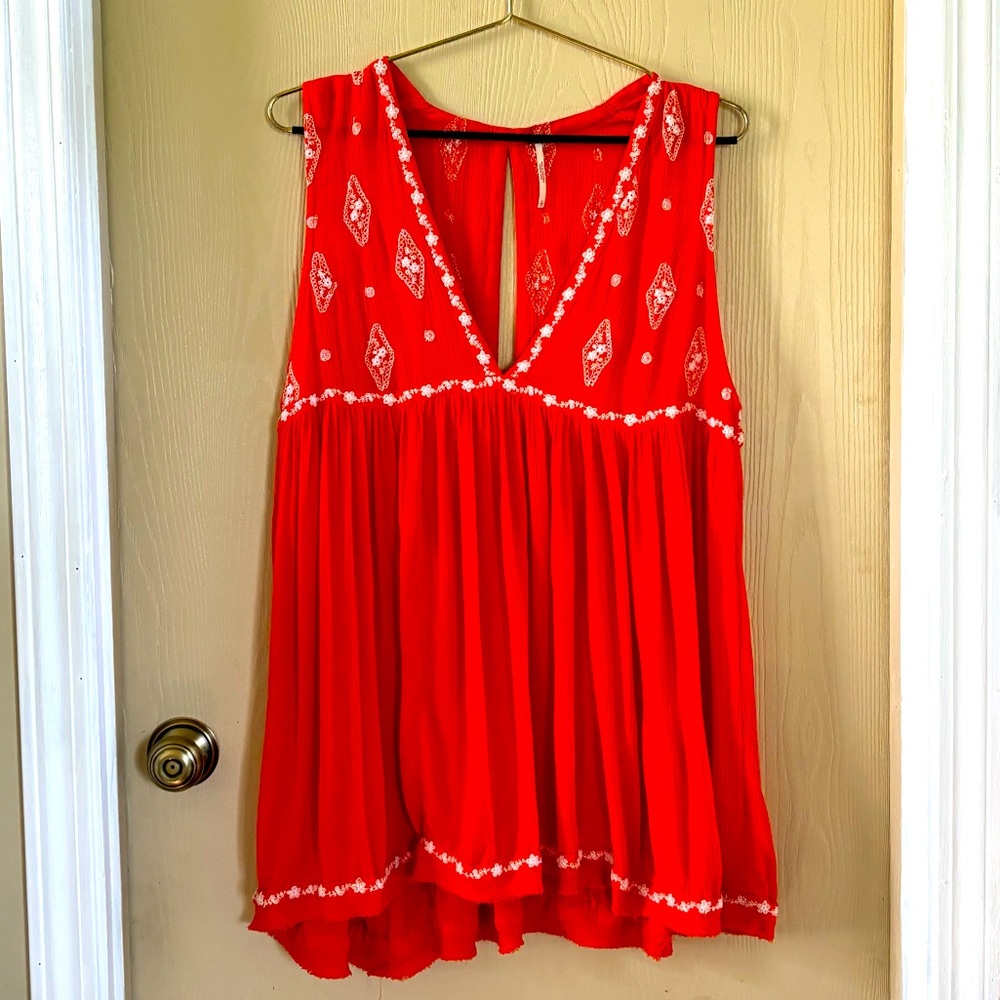 Free People, bohemian, embroidered, long tank top, v neck